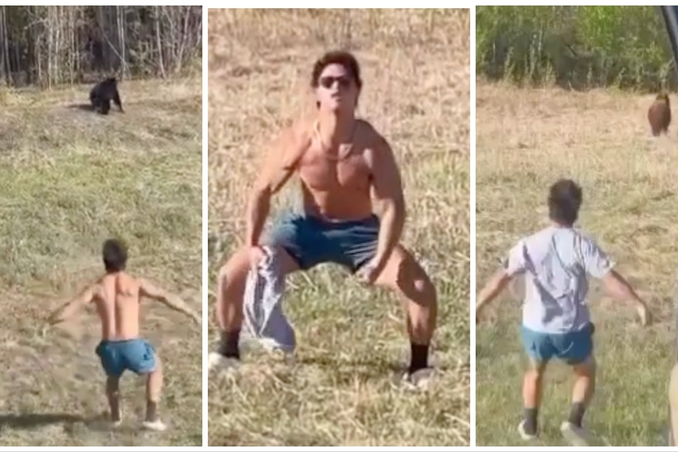 These images for a video show a man charging at a bear in Yellowstone, then flexing after the bear ambles off.