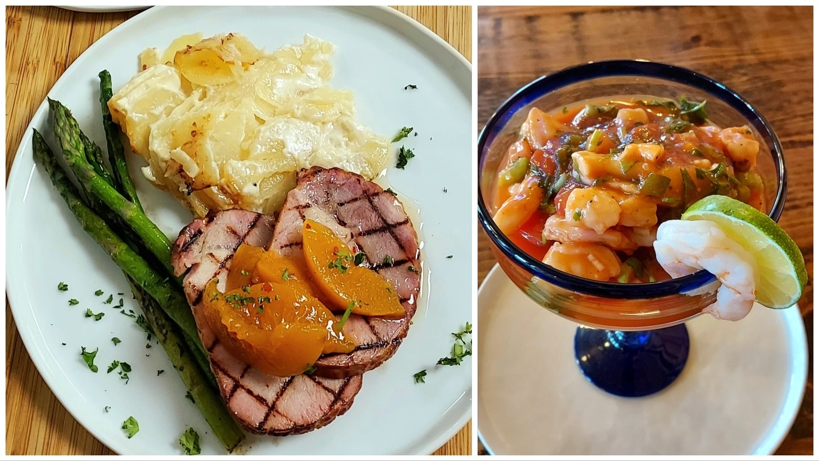 Weekend Special For July 15, 16, 2023: Southwest shrimp cocktail  & Smoked pork loin with pickled peaches.
