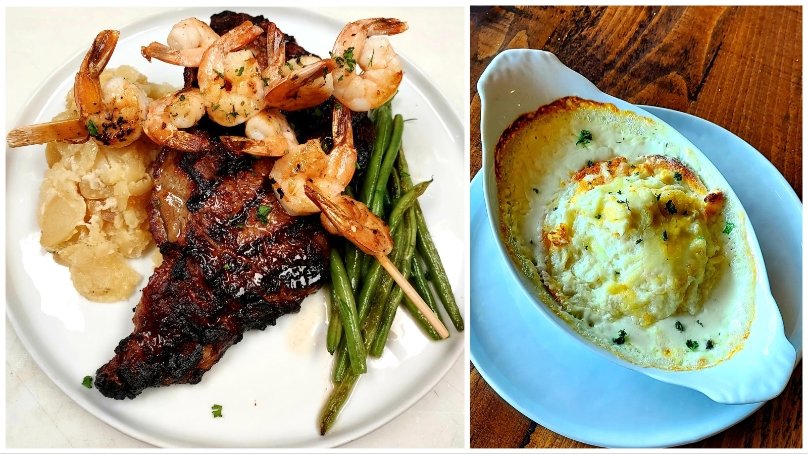 Double baked cheese souffle and Ribeye.