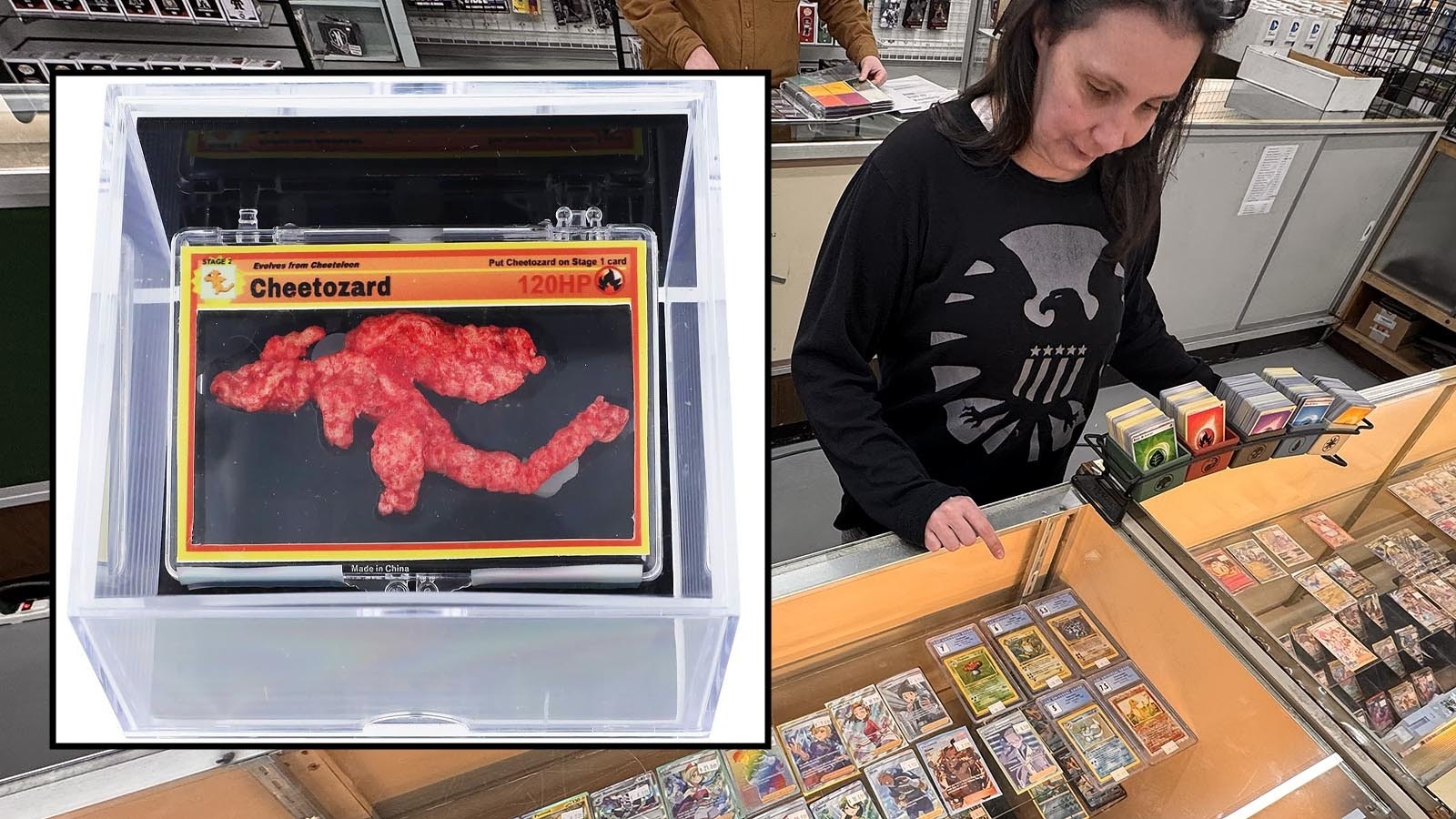 Megan Giatroudakis owns Collector's Hub in downtown Cheyenne. Although she has some pretty pricey Pokémon cards — including one for $400 — they don't hold a candle to the Charizard Cheeto that sold for $88,000 Sunday.