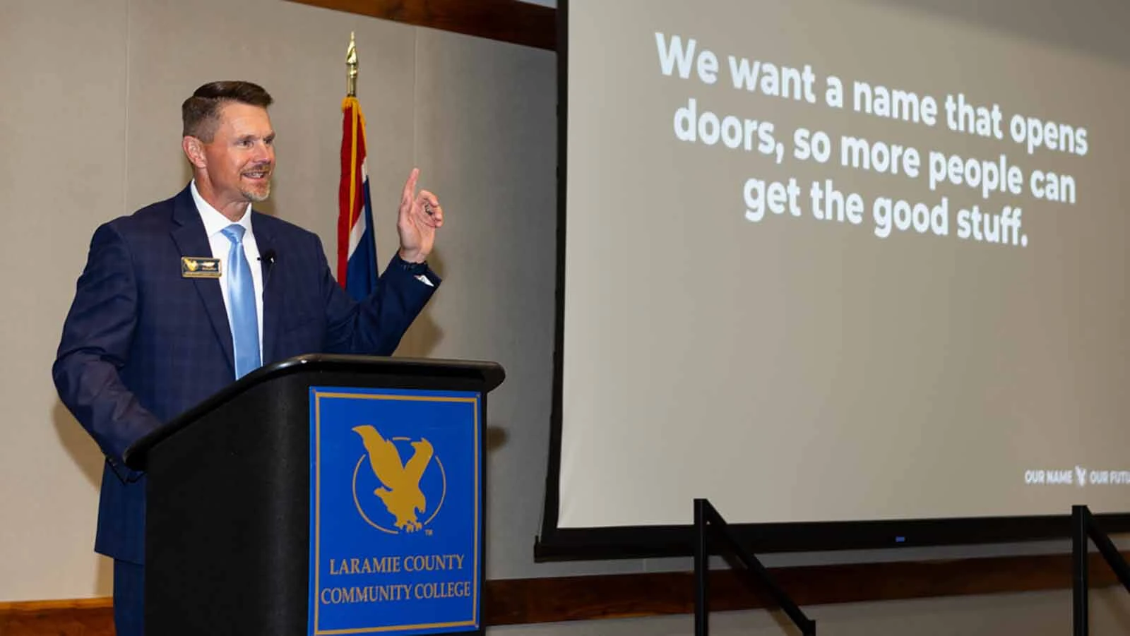 Dr. Joe Schaffer, Laramie County Community College President, discusses why the name change to Wyoming State College on Monday, Aug. 17, 2026, at LCCC in Cheyenne.