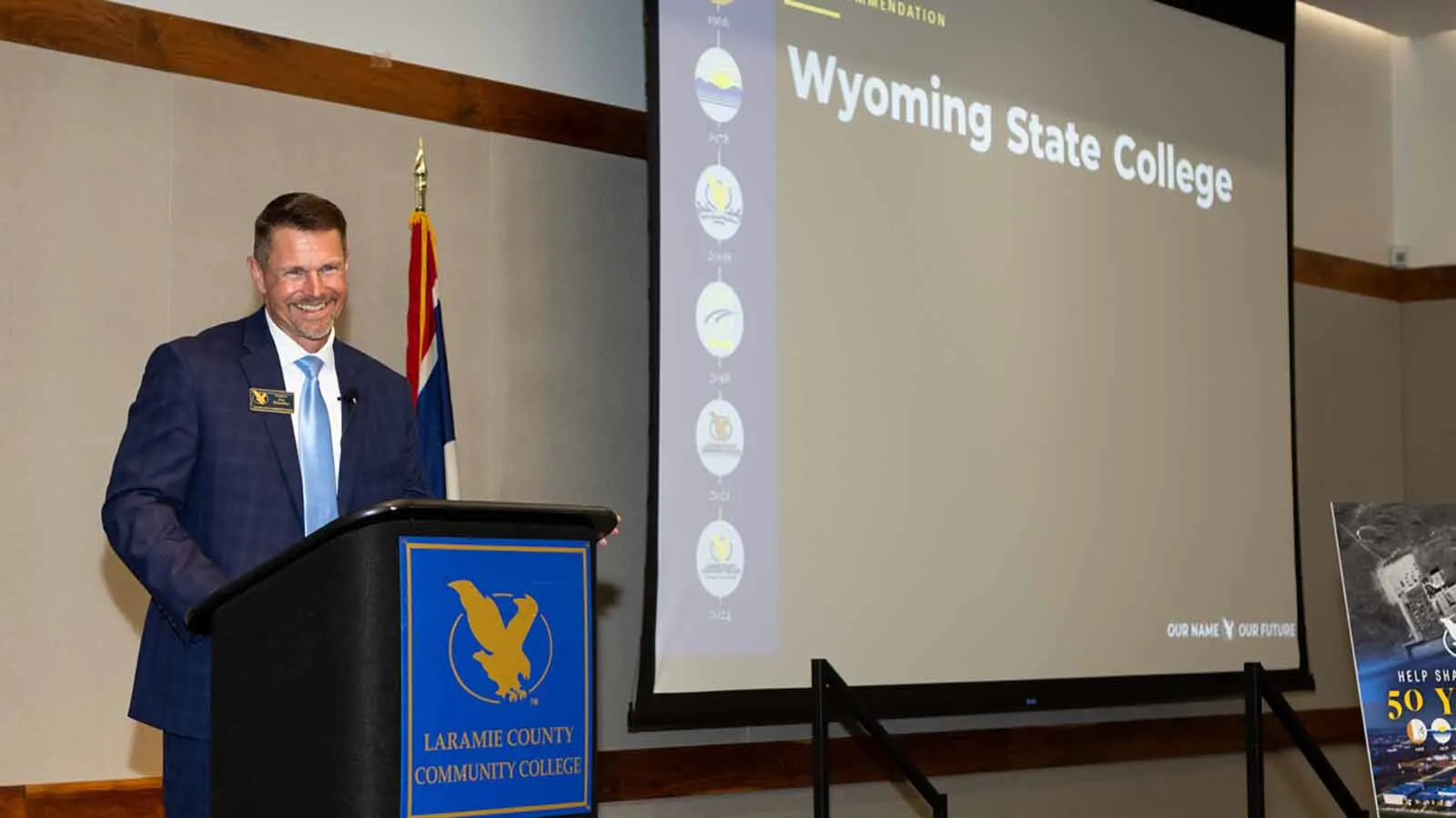 Dr. Joe Schaffer, Laramie County Community College President, shares the recommended new name for the college — Wyoming State College — on Monday, Aug. 17, 2026, at LCCC in Cheyenne.
