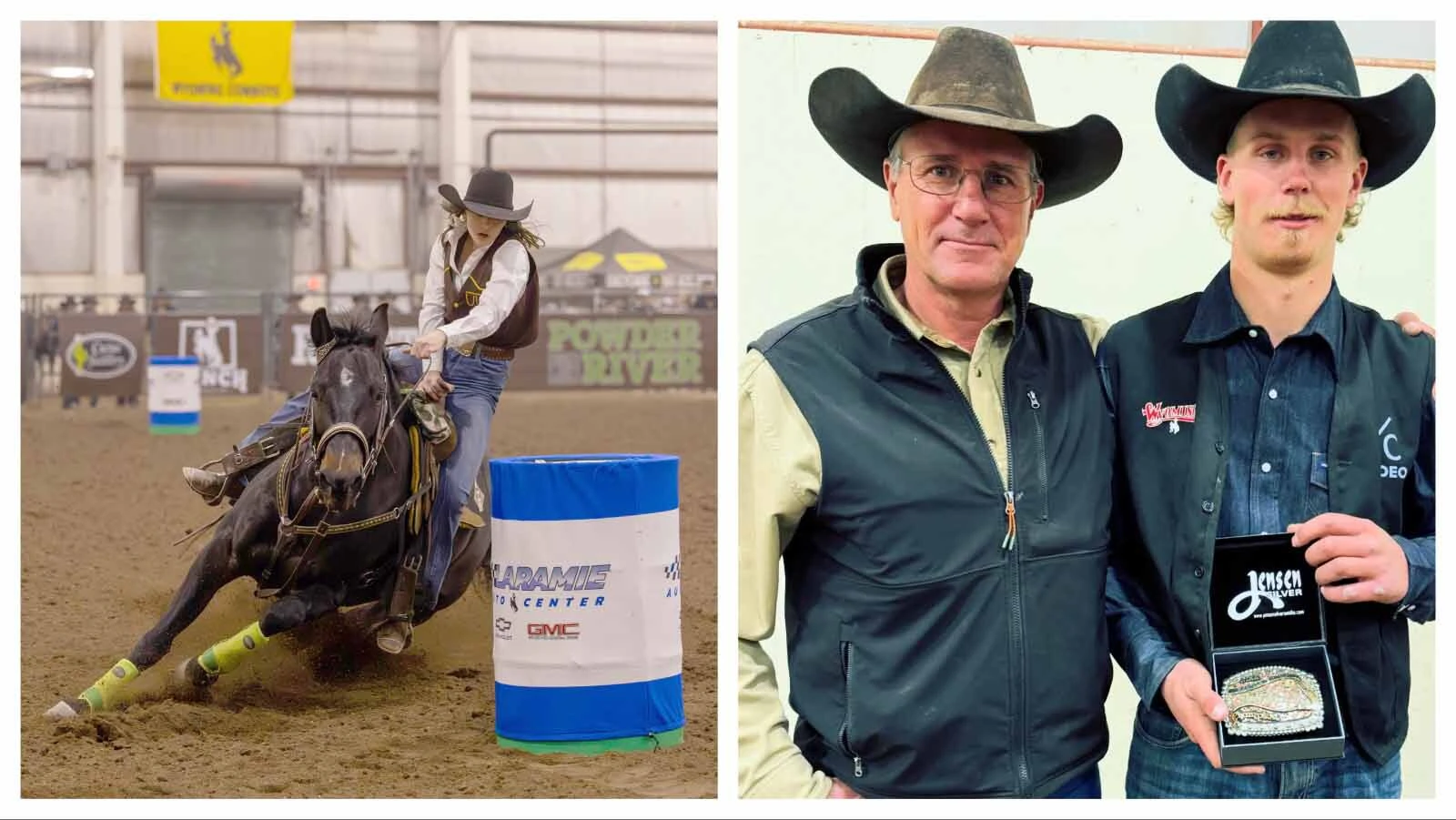 Left, Makenzi Scott of Rock Springs is the reserve regional barrel racing champion for the University of Wyoming. Right, Dean Schlattmann (left) stands with his son, Jake, who was awarded the Central Rocky Mountain Region championship in bronc riding.