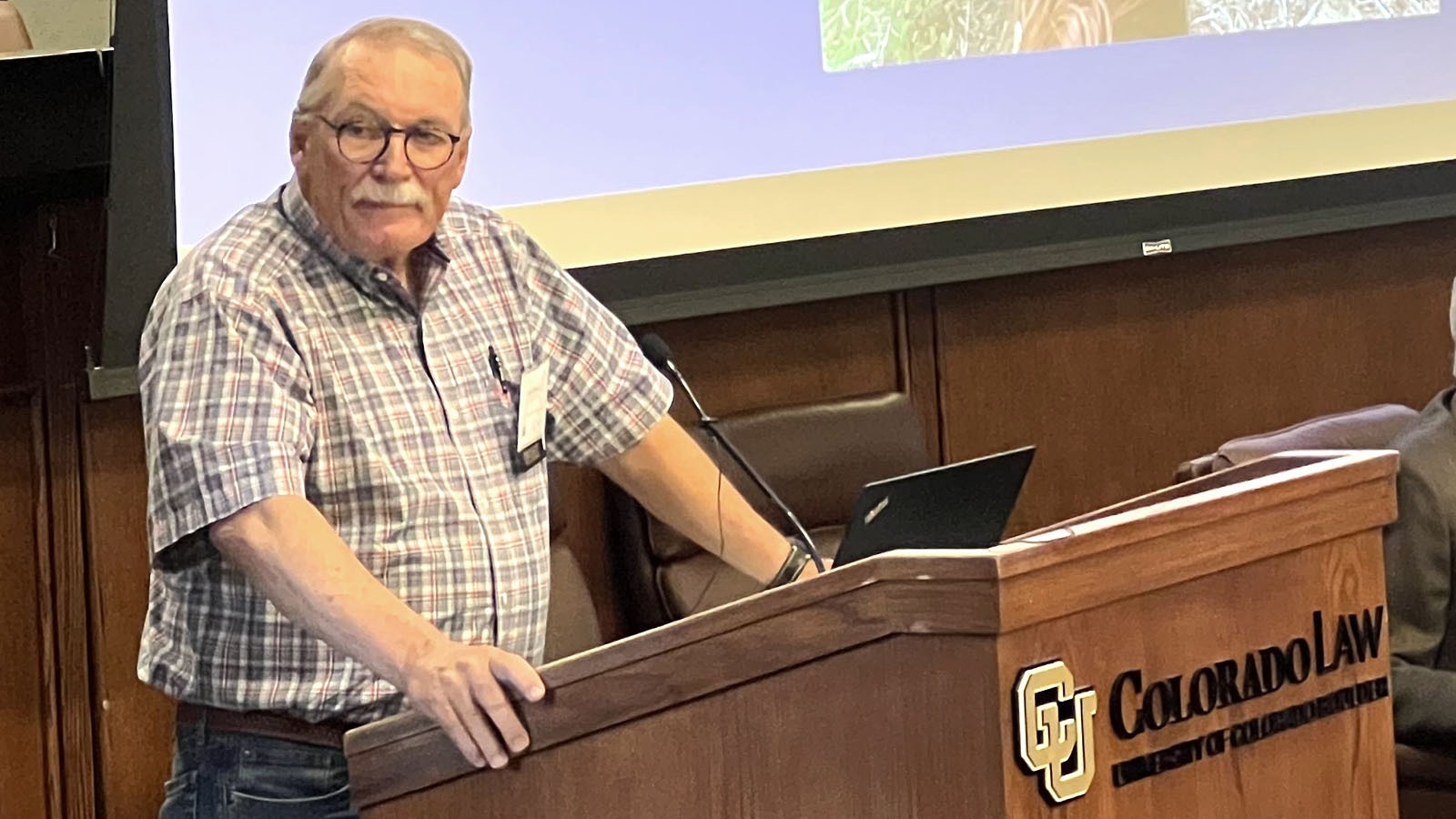 Wyoming Rancher and former legislator Pat O’Toole speaks on Friday during the “Crisis on the Colorado River” Conference in Boulder, Colorado.