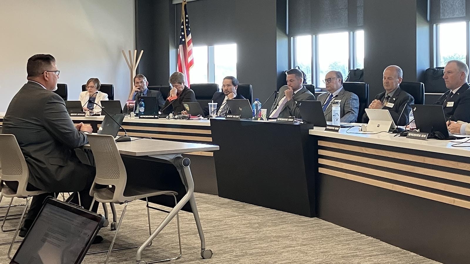 Wyoming School Boards Association executive director Brian Farmer fields numerous questions  about school insurance during a Wednesday meeting of the select committee on school finance recalibration in Casper.
