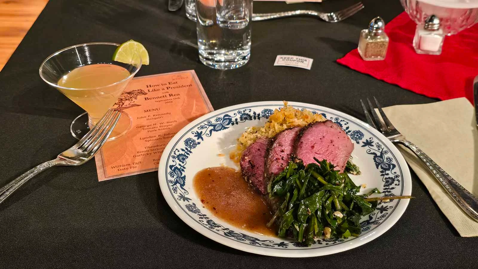 Bison steaks with dandelion greens, favorites of Teddy Roosevelt, paired with spinach cheese soufflé loved by Lyndon B. Johnson.