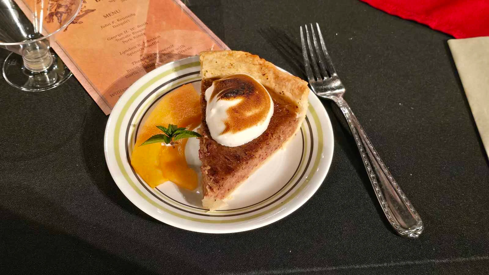 A slice of date pie like William Taft liked with a bonus, Rocky Ford canteloupe slices that were a favorite of Ronald Reagan’s — also paired with cottage cheese.