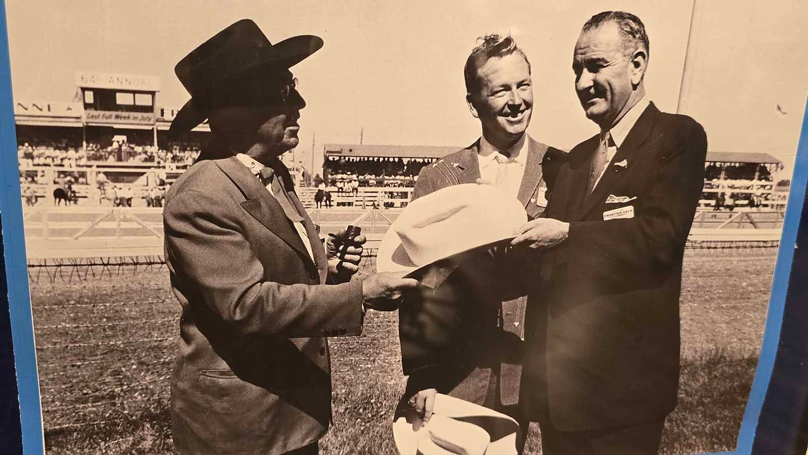 Lyndon B. Johnson accepts a cowboy hat during one of his 1960s visits to Cheyenne, during Cheyenne Frontier Days.