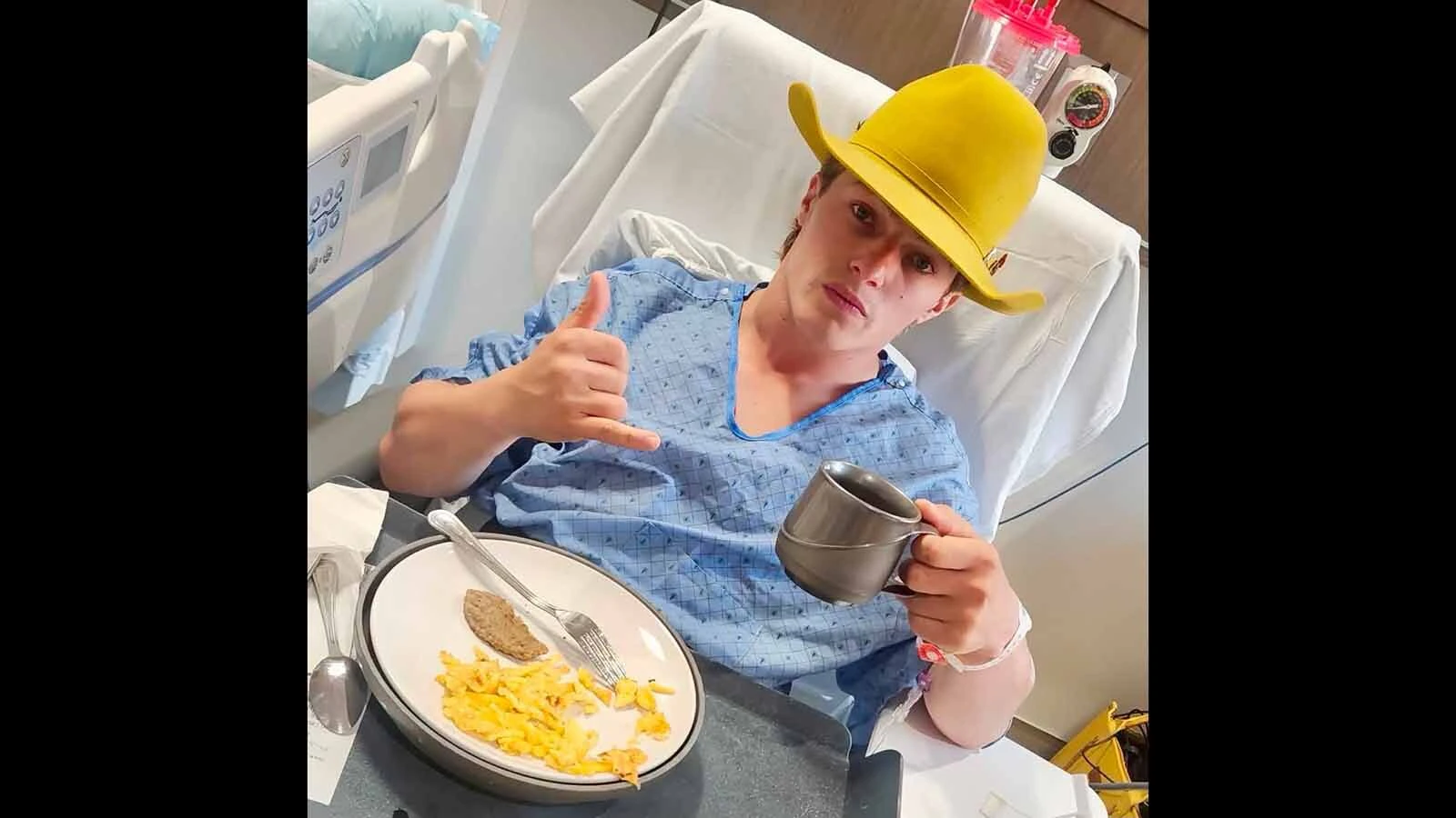 Cooper Filipek in the hospital after suffering a broken back during a rodeo accident.