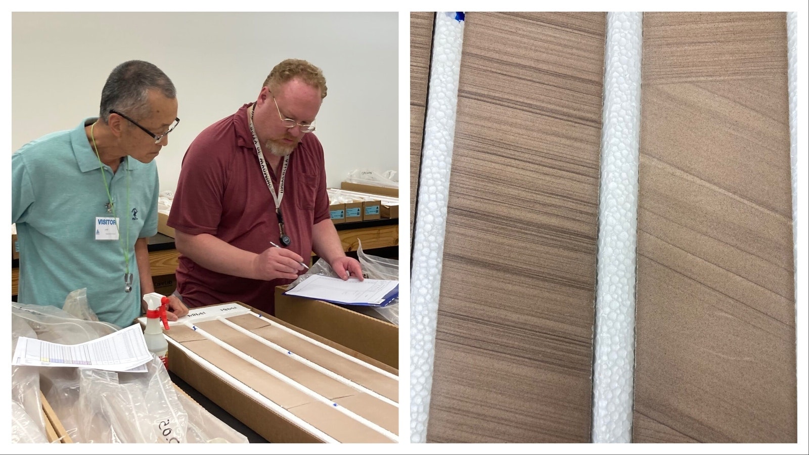 Zunsheng Jiao and Matthew Johnson example core samples taken from 3-mile deep well for the Sweetwater Carbon Storage Hub. Each is a glimpse millions of years back in time.
