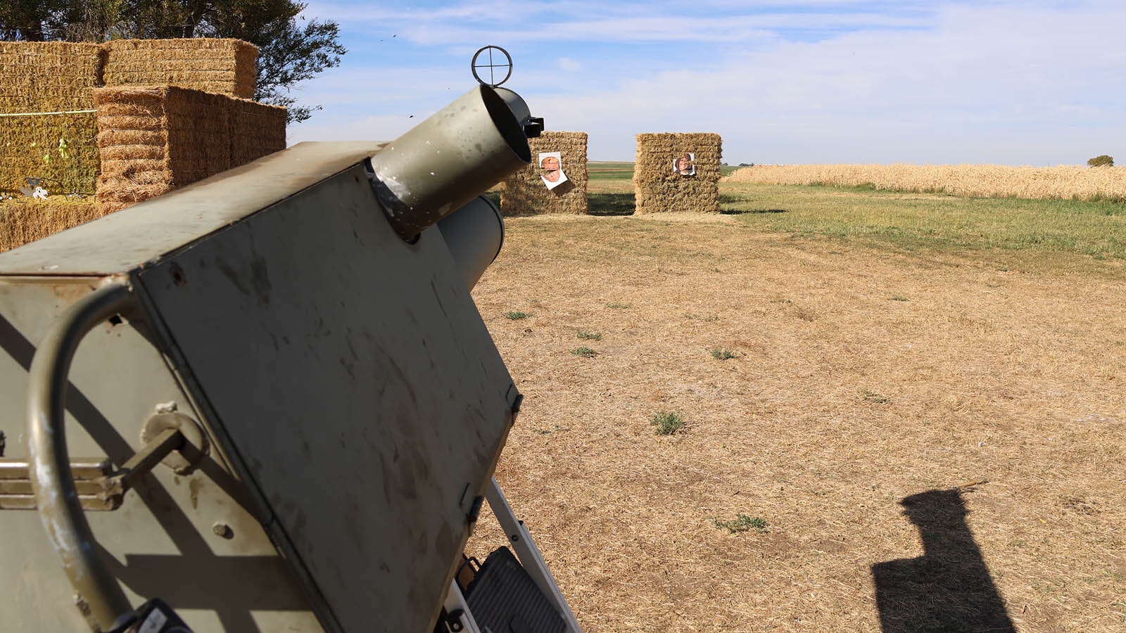 An apple cannon that works by air compression offers targets featuring the photos of Donald Trump and Kamala Harris at the Green Acres Corn Maze in Casper.