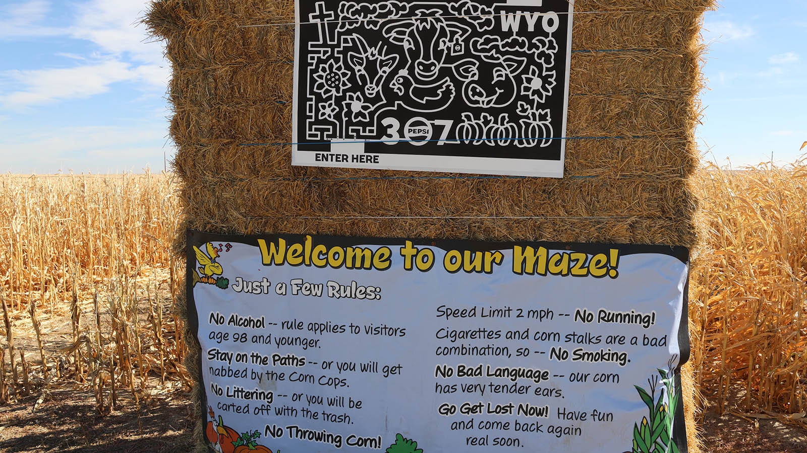 A map of the maze and the rules to live by a posted on bales at the Green Acres Corn Maze.