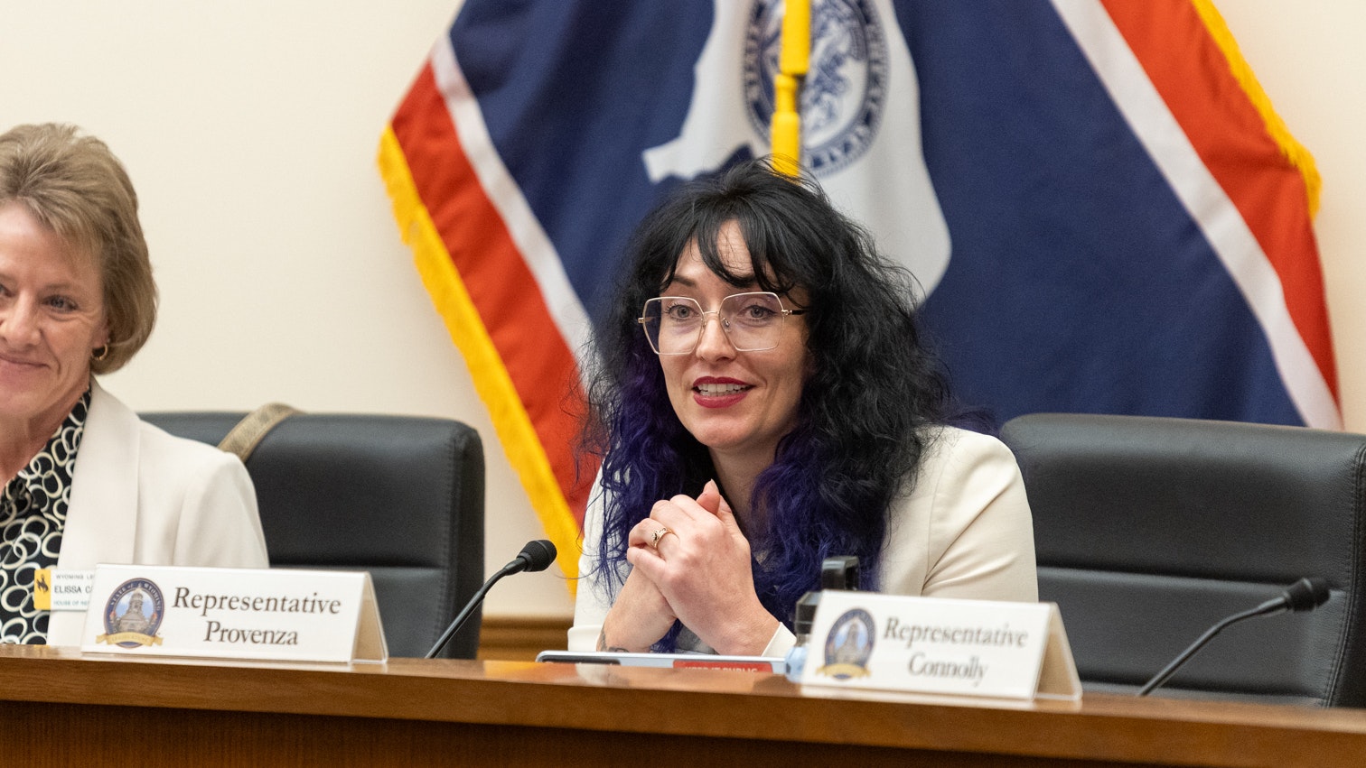 Rep. Karlee Provenza, D-Laramie, during a House Travel, Recreation, Wildlife and Cultural Resources Committee meeting listening to testimony about corner-crossing on Thursday, Feb. 12, 2026.