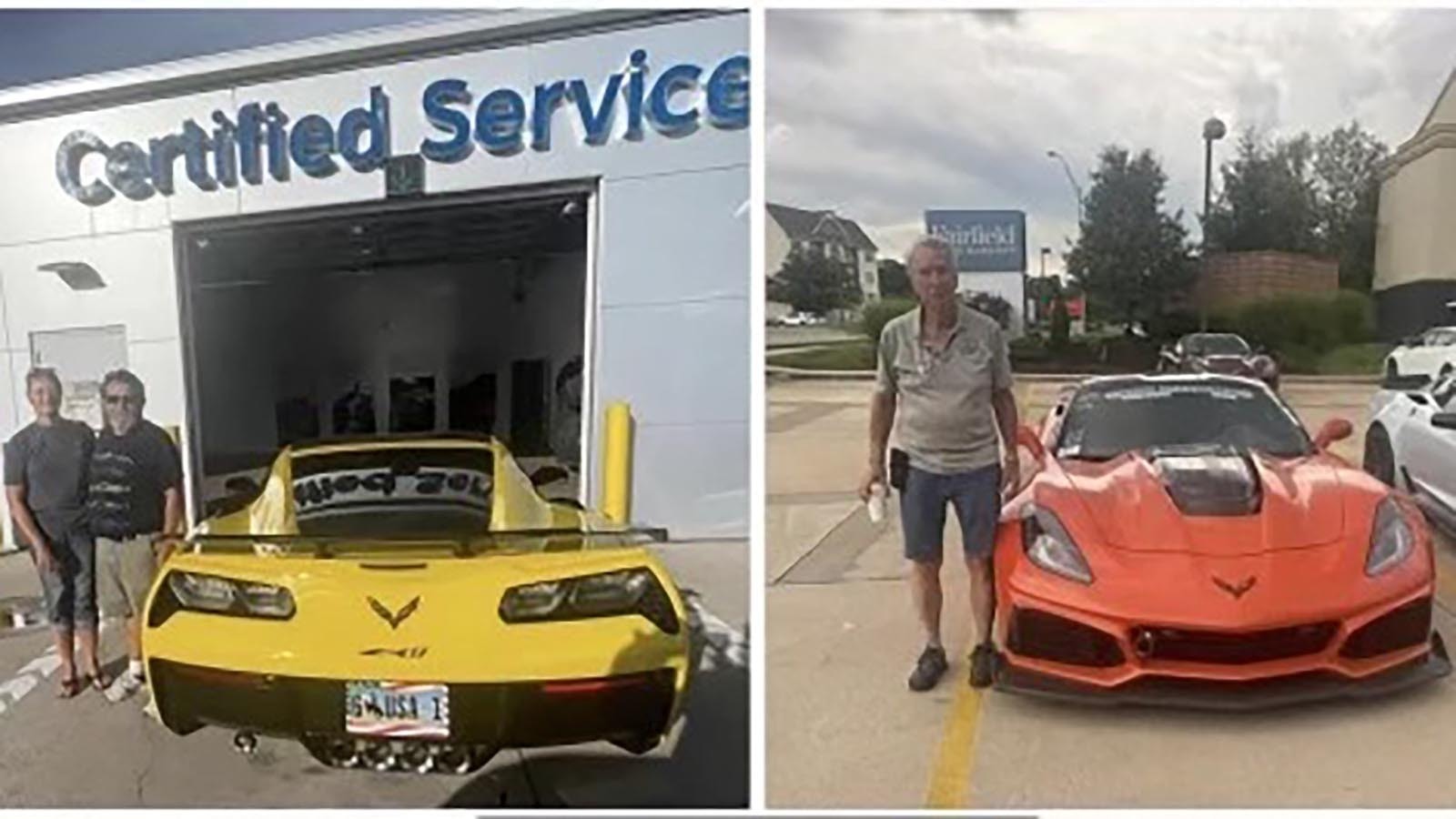 Alex and Sarah Aragon (left) lent the tires off their Corvette so Don Herzler, right, could continue on the Corvette Caravan.