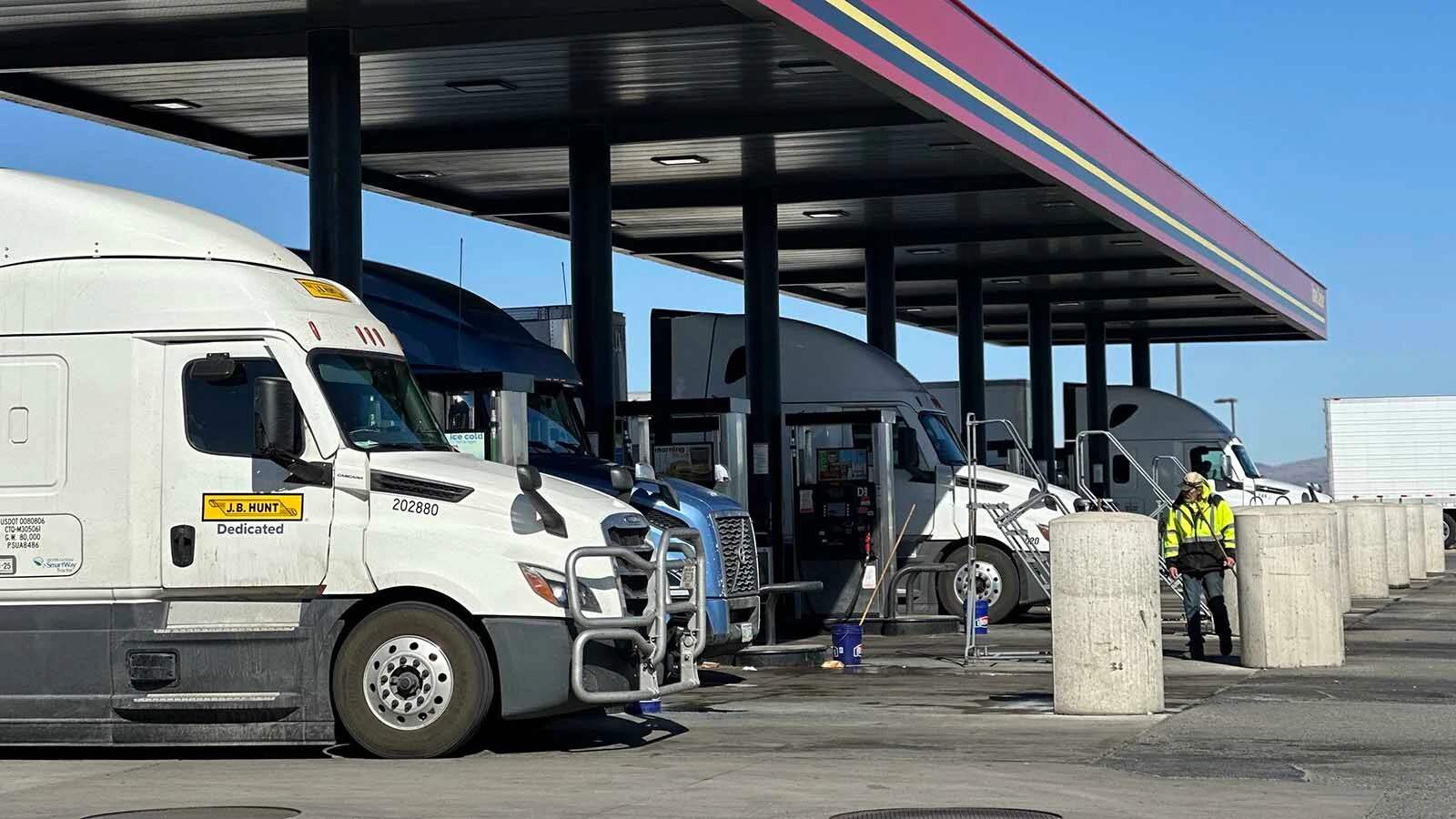 Truckers fill up at the Pilot truck stop in Belgrade, Montana.