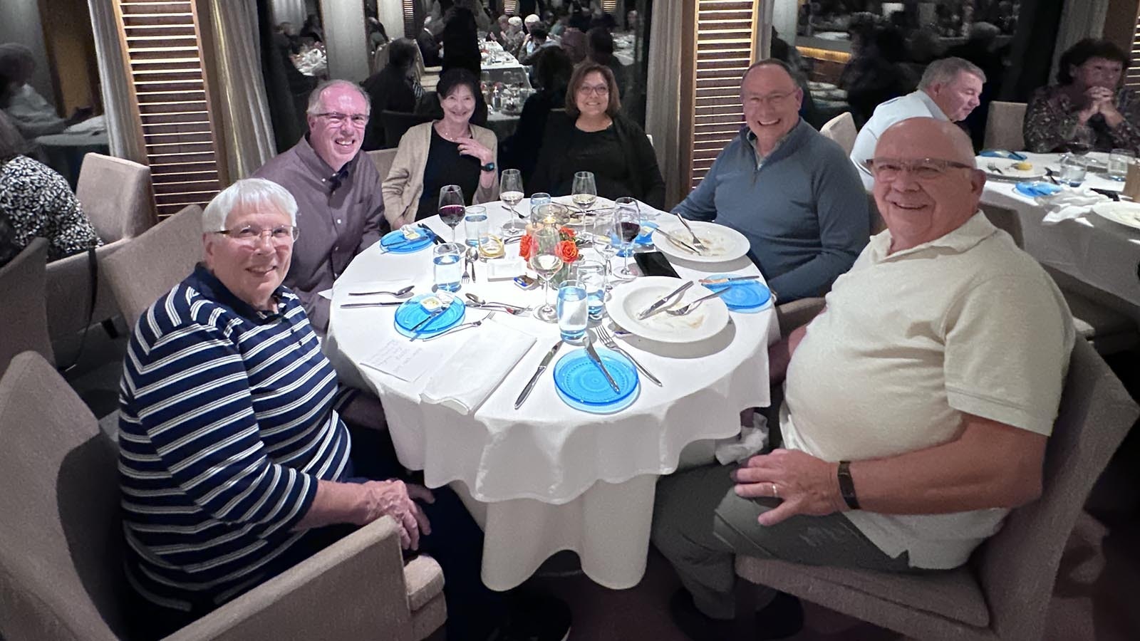 Sitting at the Viking Cruise dinner table are, from left, Glenda Wiken, Ian Catellier, Mary Catellier, Diane Downey, Ron Downey and Don Wiken on the night they met.