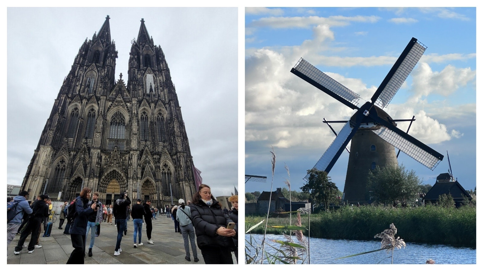 The famous Cologne Cathedral in Cologne, Germany. Also, a windmill along the Rhine River in Kinderdijk, Netherlands.