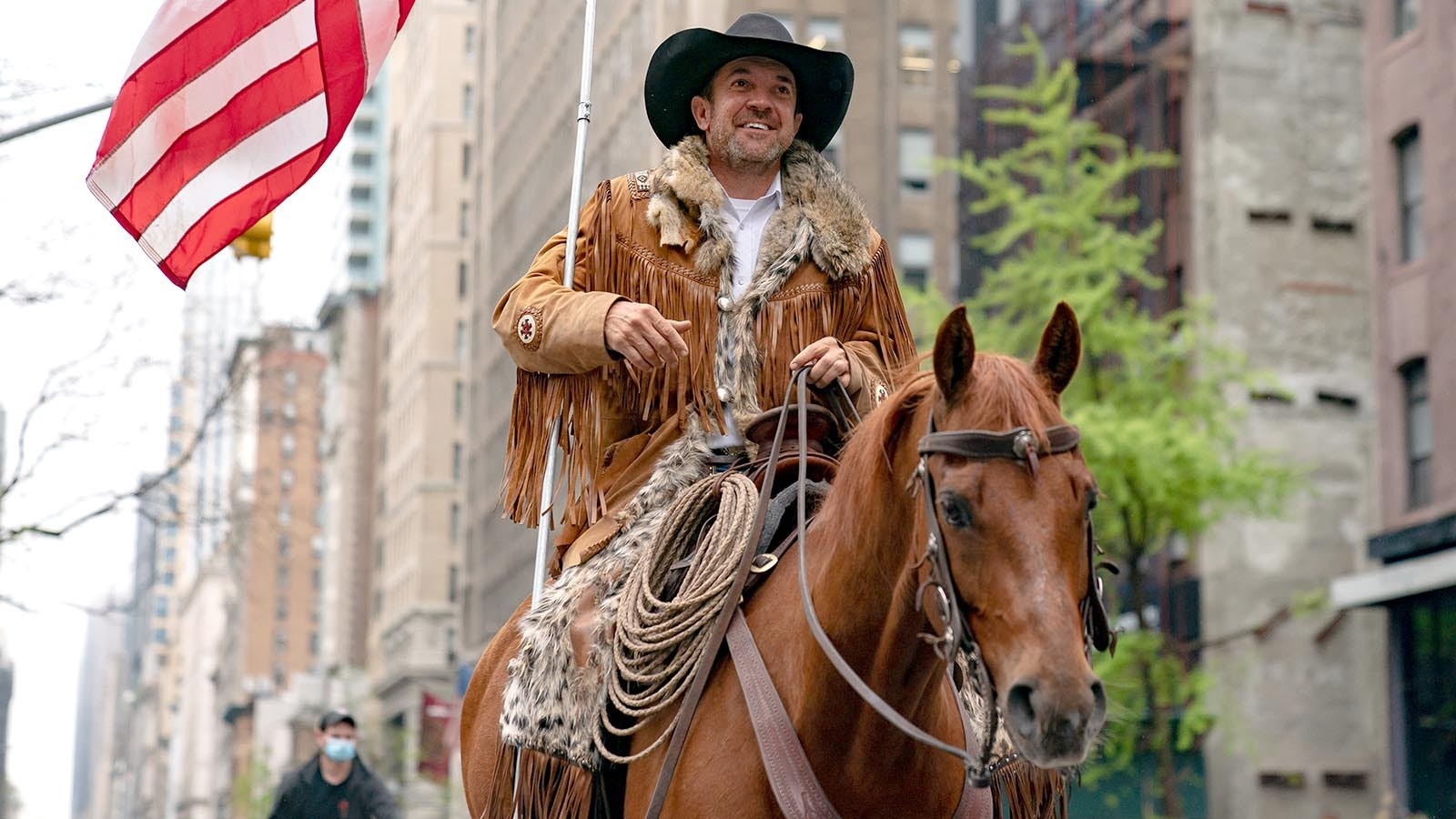 Cowboys for Trump co-founder Couy Griffin rides his horse on 5th Avenue in New York City on May 1, 2020. in New York City. Griffin, who was convicted for his participation in the Jan. 6, 2021, riot at the U.S. Capitol, has been invited to be a guest speaker at a Campbell County Republican Party event.