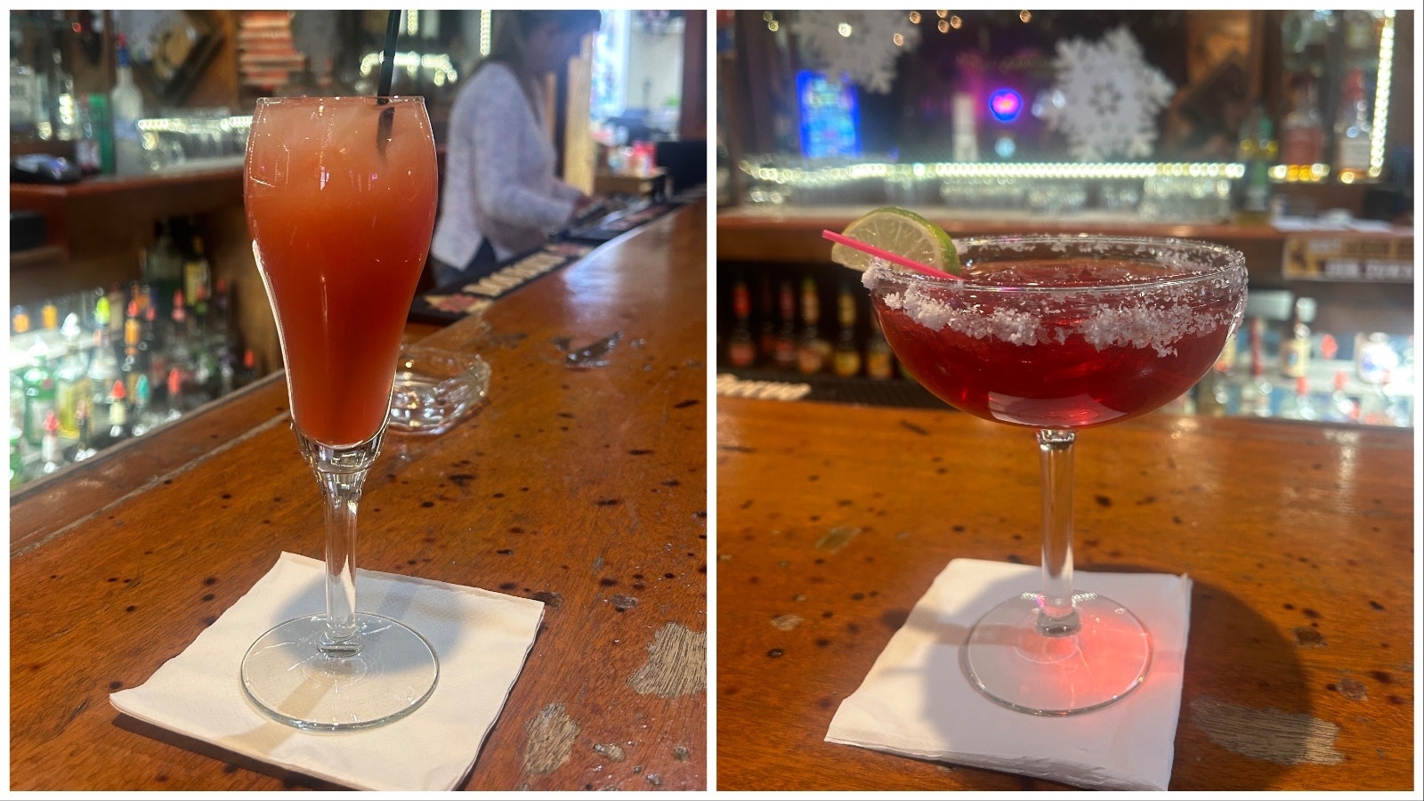 Left: The Rudolph Tipsy Punch is one of the trendy cocktails being served in bars and restaurants this winter. In the background is Lila Golden, owner of Pinedale’s Cowboy Bar. Right: The Mistletoe Margarita is another trendy cocktail being mixed at bars and restaurants this winter.