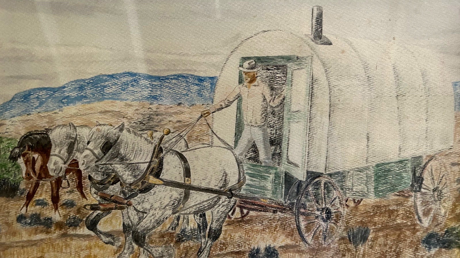 A drawing of a sheep wagon by Bill Evans.