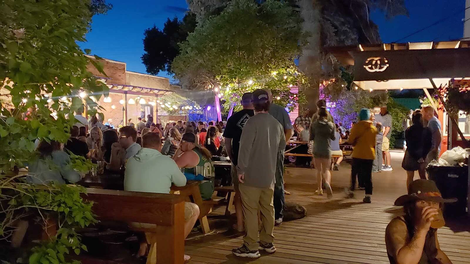An outdoor patio at the Cowfish looks onto the adjacent courtyard  that lies between the restaurant and the Lander Bar.