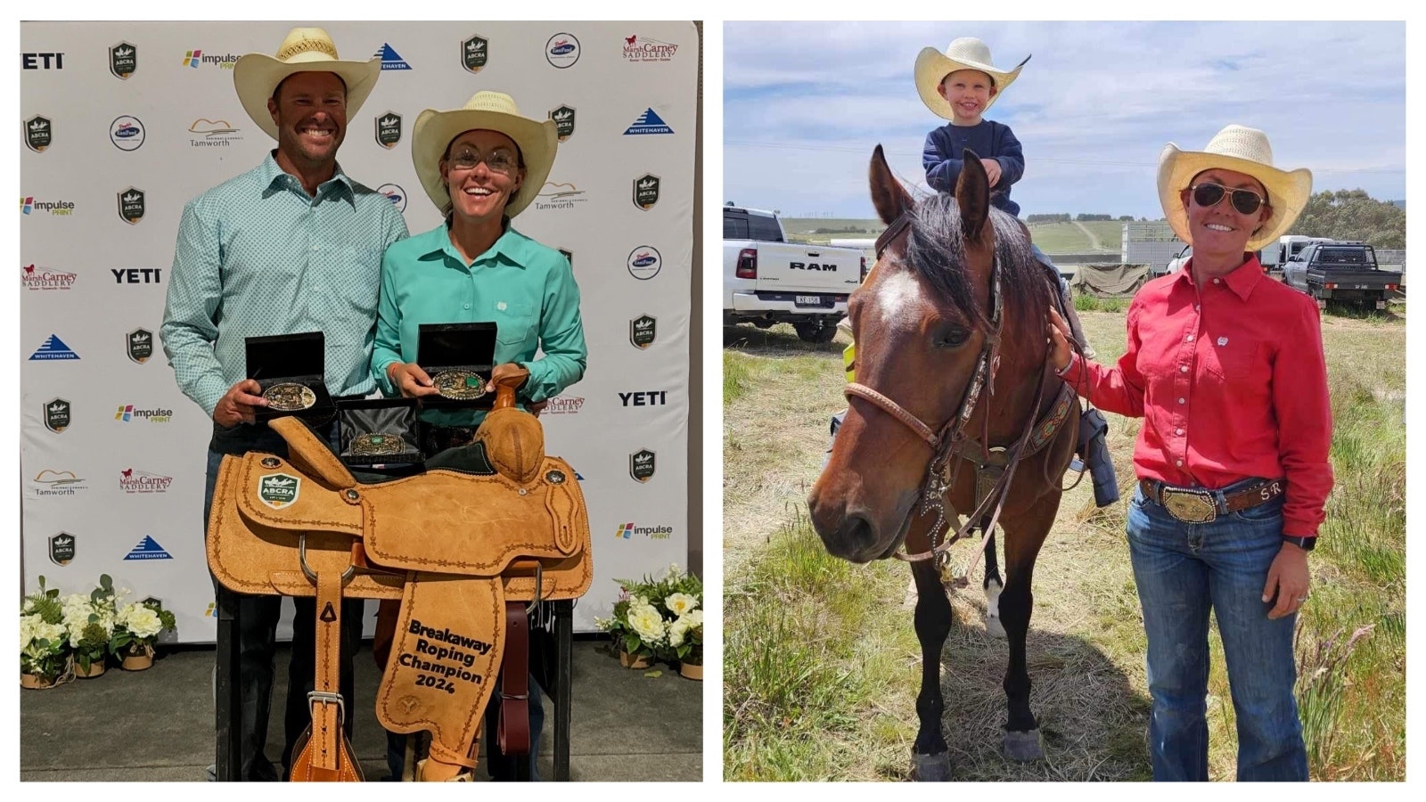 Shawn Chape and her husband Glen show off their medals after the 2024 nationals in Australia. Shawn Chape with her son Kyle ready to ride.