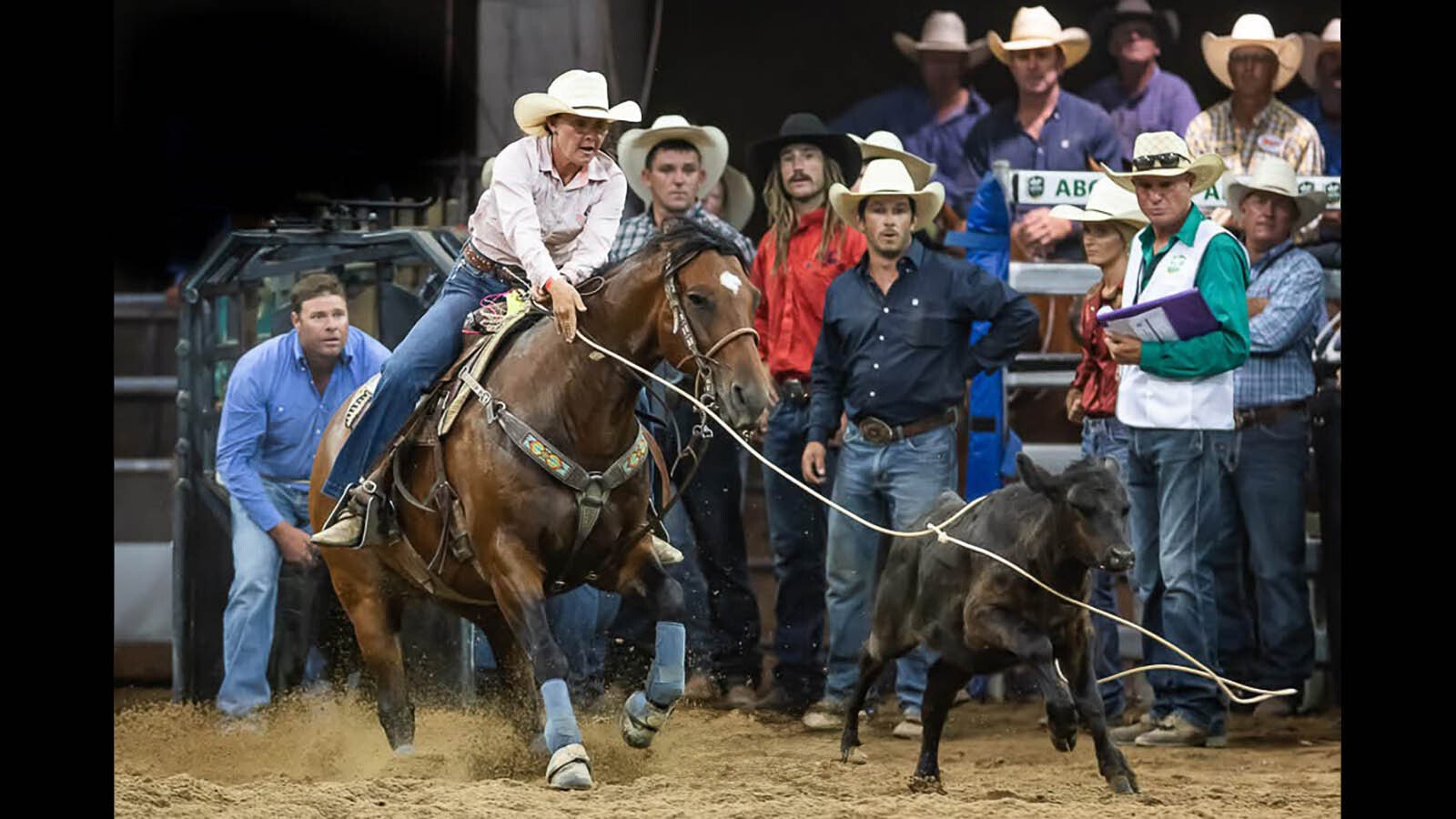 Shawn Robin Chape, originally from Rozet, Wyoming, roping a calf in the first round in 1.9 seconds flat to win the 2024 Australian breakaway roping title.