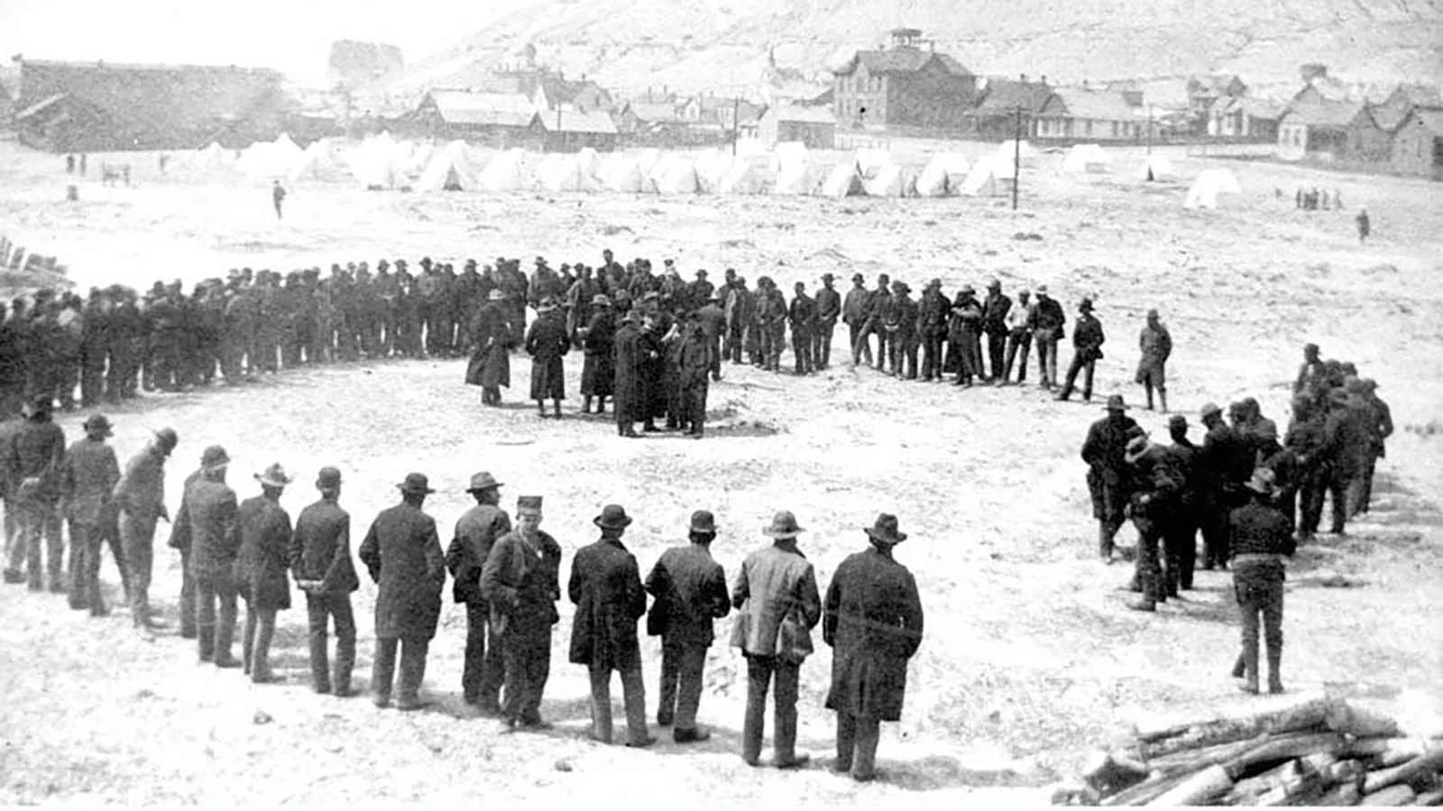 Members of Coxey's Army wait in Green River on May 14, 1894, after being arrested for stealing a train in Idaho. The men were taken back to Idaho by detachments from Fort Russell in Cheyenne to stand trial.