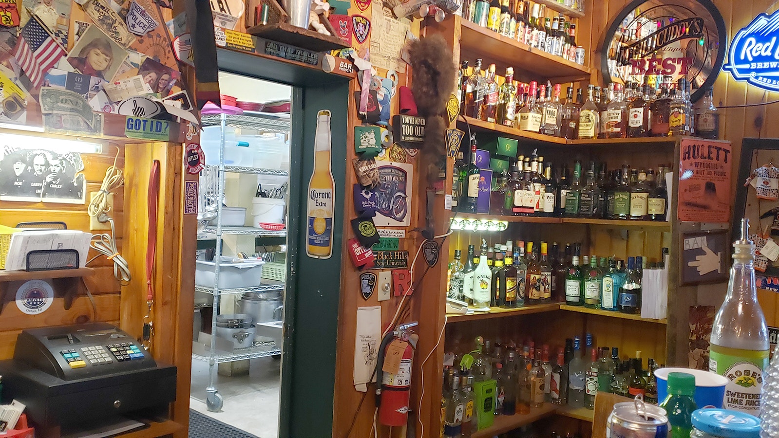 A variety of liquors are stocked in the Ponderosa Cafe's back bar.