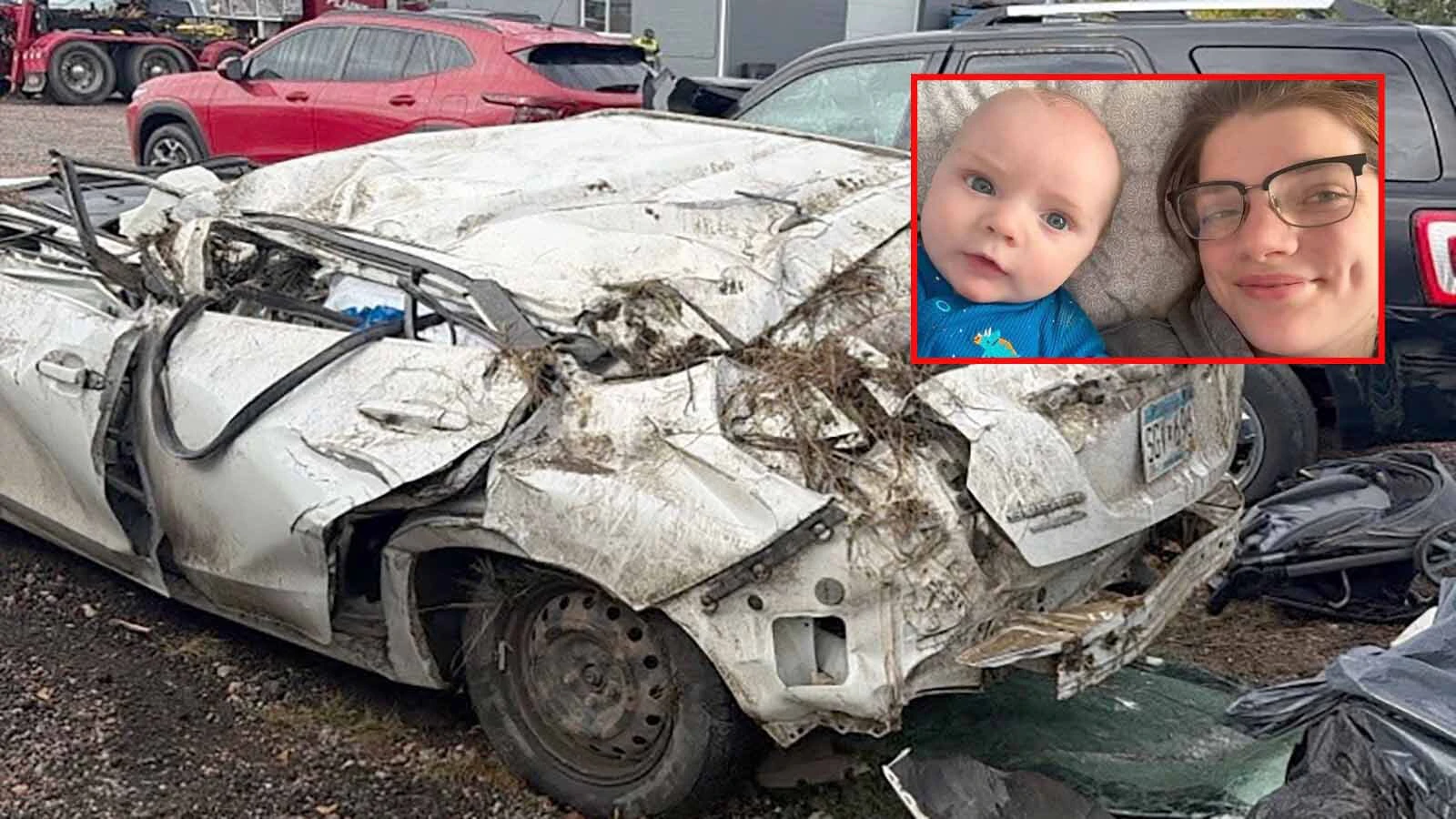 Alyson Swanson with her son, Thomas, are shown before Monday's rollover. Thomas escaped the crash with bruises and scratches and turned 1 Thursday while his mother remained hospitalized in Rapid City.