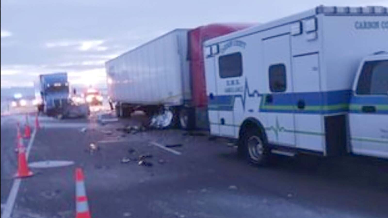 The scene of a devastating crash on Interstate 80 outside Rawlins where a semitrailer plowed into a parked Ambulance responding to another crash in 2022. One EMT was killed and another seriously hurt and disabled for life.