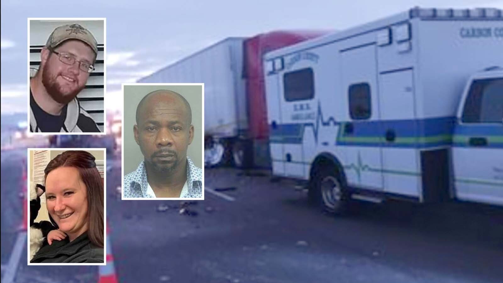 Saviol Saint Jean, right, the Haitian trucker who plowed into a crash scene nearly three years ago, killing Rawlins EMT Tyeler Harris, top, and seriously injuring another, Tiffany Gruetzmacher, was found guilty on all charges by a jury Thursday. The trucker collapsed and wept as the verdicts were read.
