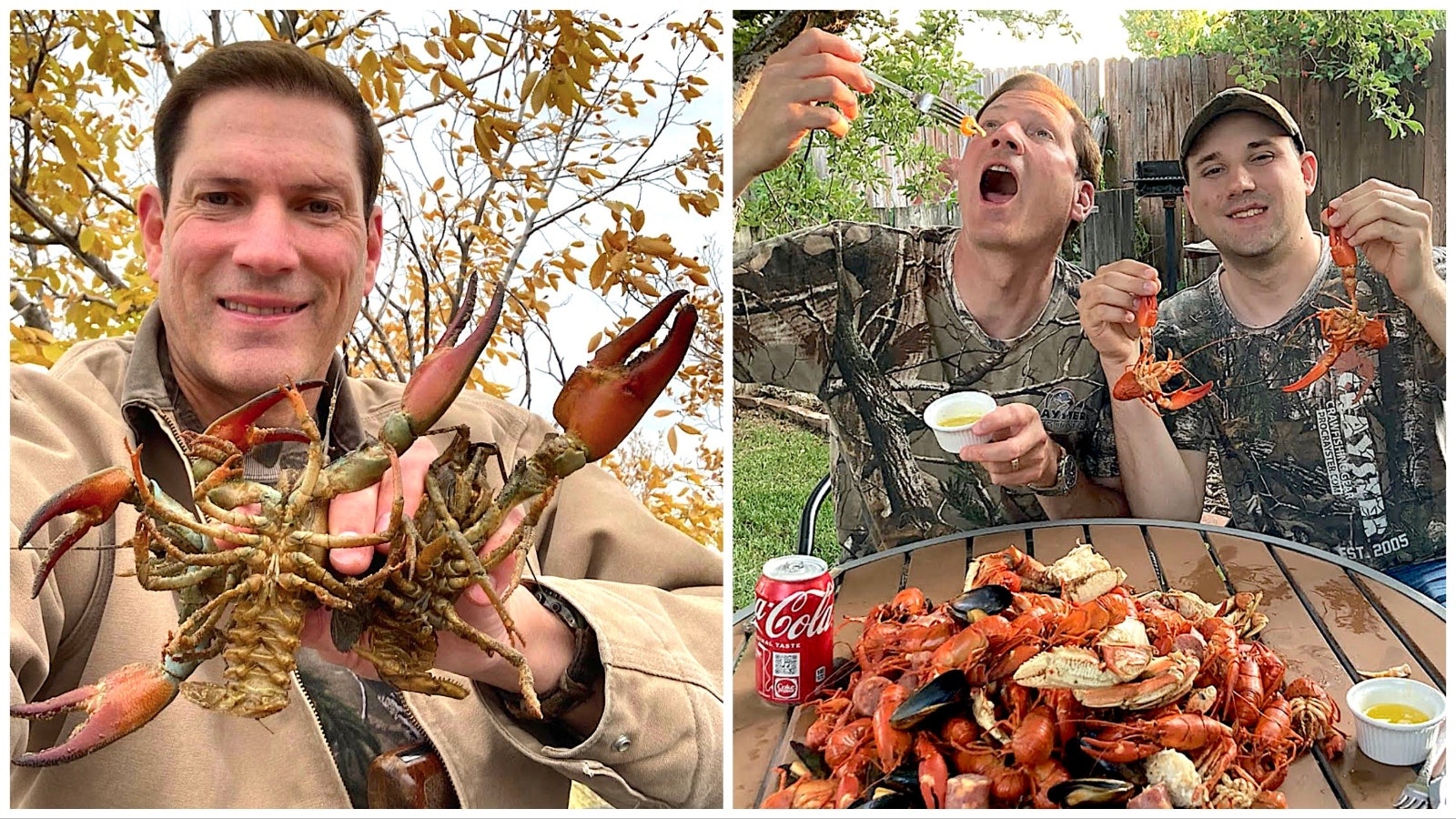 Mike Burrell, left, with some freshly caught crawfish, showing that those that come from the Intermountain region are much larger than the south. At right, he and son Jake enjoy a mess of crawfish.
