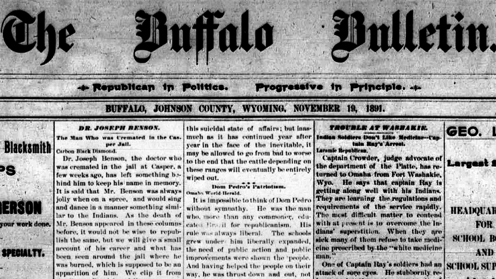 The Buffalo Bulletin reprinted a story from the Wyoming Derrick that alleged ghostly happenings were occurring at the former jail site after Joseph Benson’s death.
