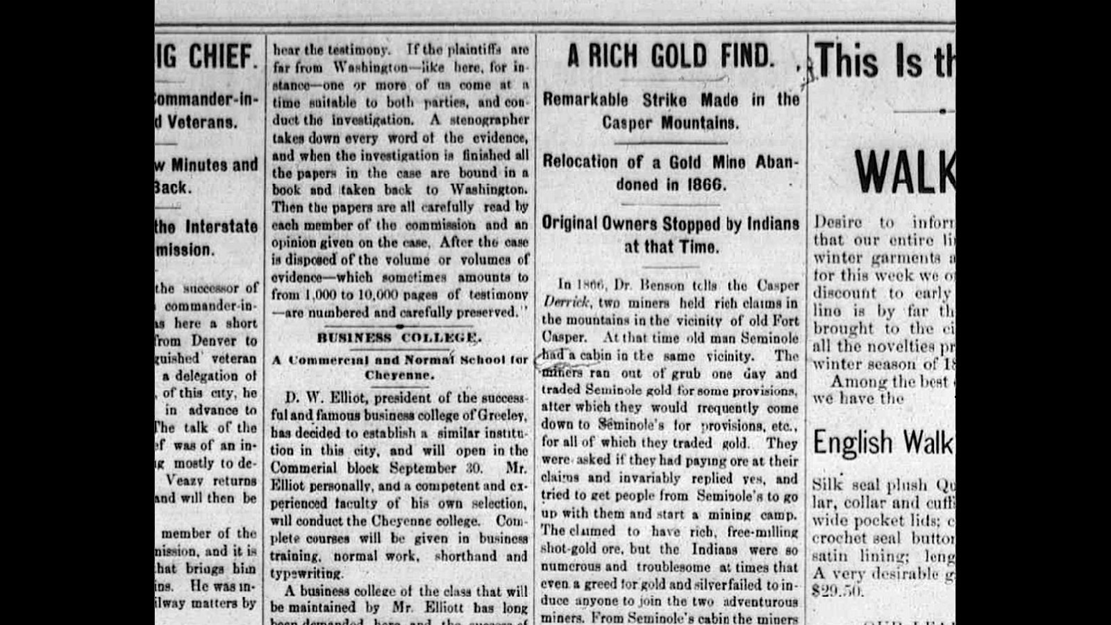 The Cheyenne Daily Leader on Sept. 21, 1890, told readers about Dr. Joseph Benson’s rediscovery of a gold mine on Casper Mountain.