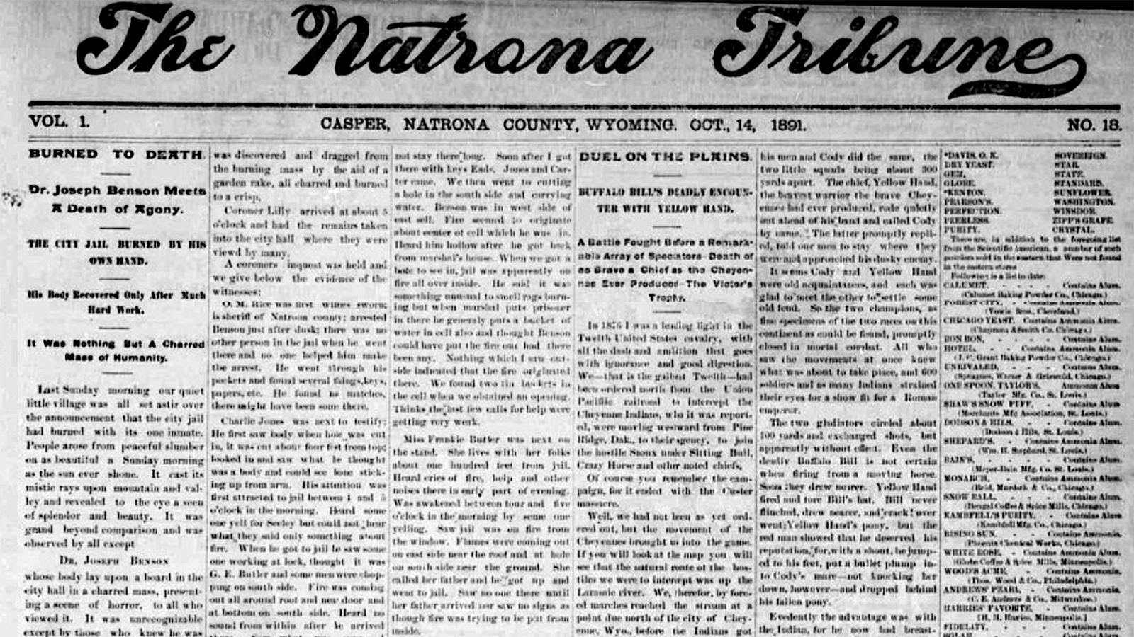 The Natrona County Tribune reported Dr. Joseph Benson’s death in its Oct. 14, 1891 issue.