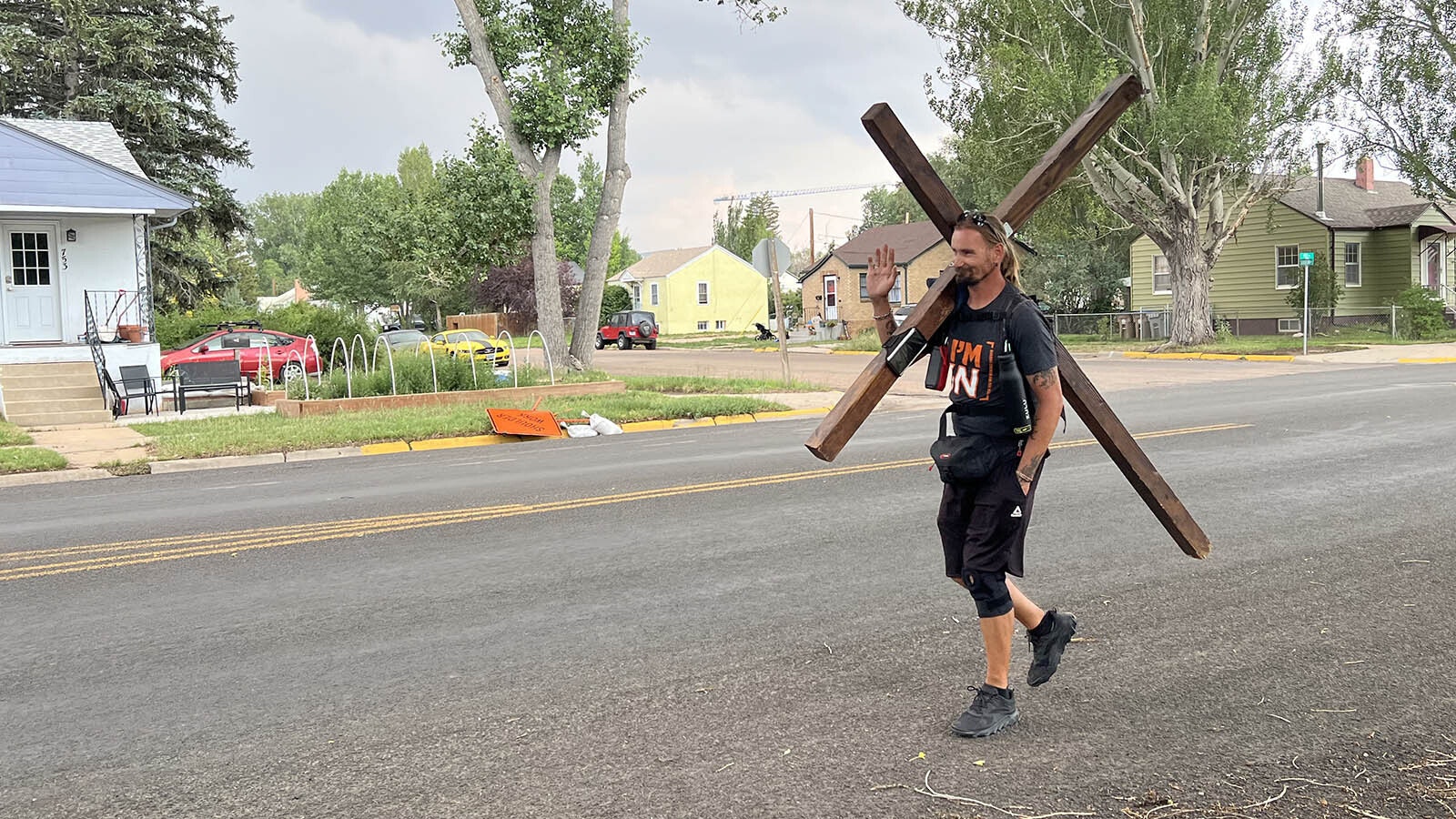 Street paster Nick Schindler is passing through Wyoming on his journey to Washington, D.C. He said he carries his cross “the length and the breadth” of every town and city he comes to, inviting people to converse with him.