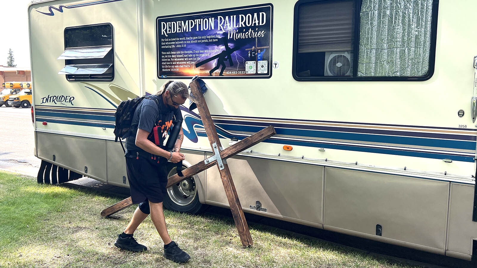 Street paster Nick Schindler is passing through Wyoming on his journey to Washington, D.C. He said he carries his cross “the length and the breadth” of every town and city he comes to, inviting people to converse with him.