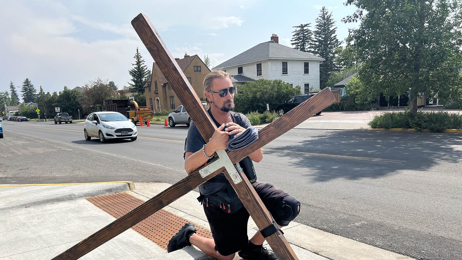 Street paster Nick Schindler is passing through Wyoming on his journey to Washington, D.C. He said he carries his cross “the length and the breadth” of every town and city he comes to, inviting people to converse with him.