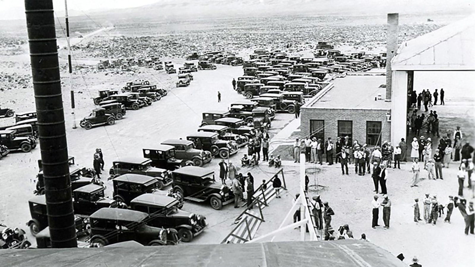 Crowds gather at the Rock Springs Airport to greet Amelia Earhart.