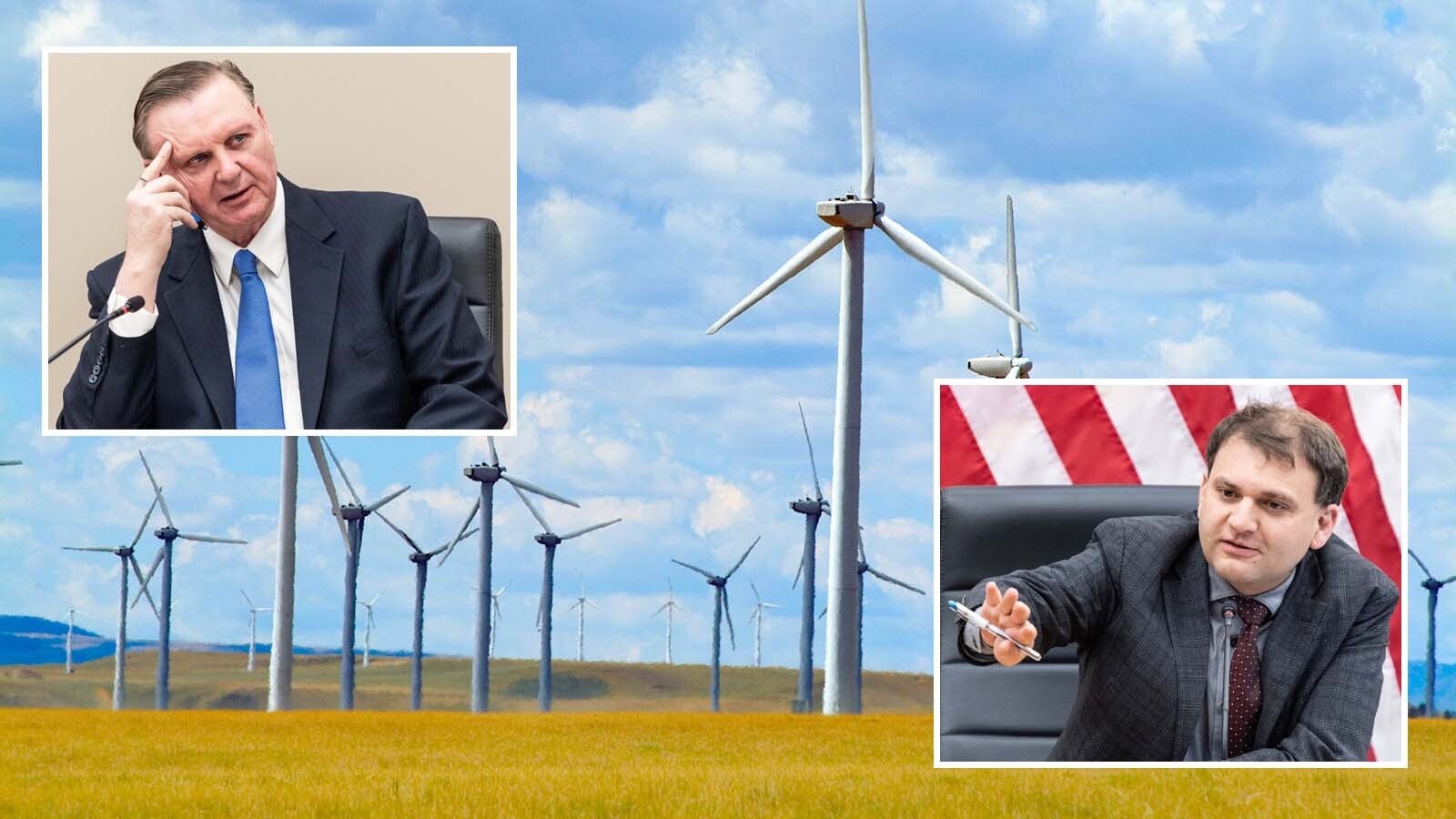 Secretary of State Chuck Gray, right, and State Treasurer Curt Meier sparred over whether Wyoming needs wind power Thursday as the state land board considered renewing 50-year leases for two Carbon County wind farms. The board voted 3-2 for the leases.