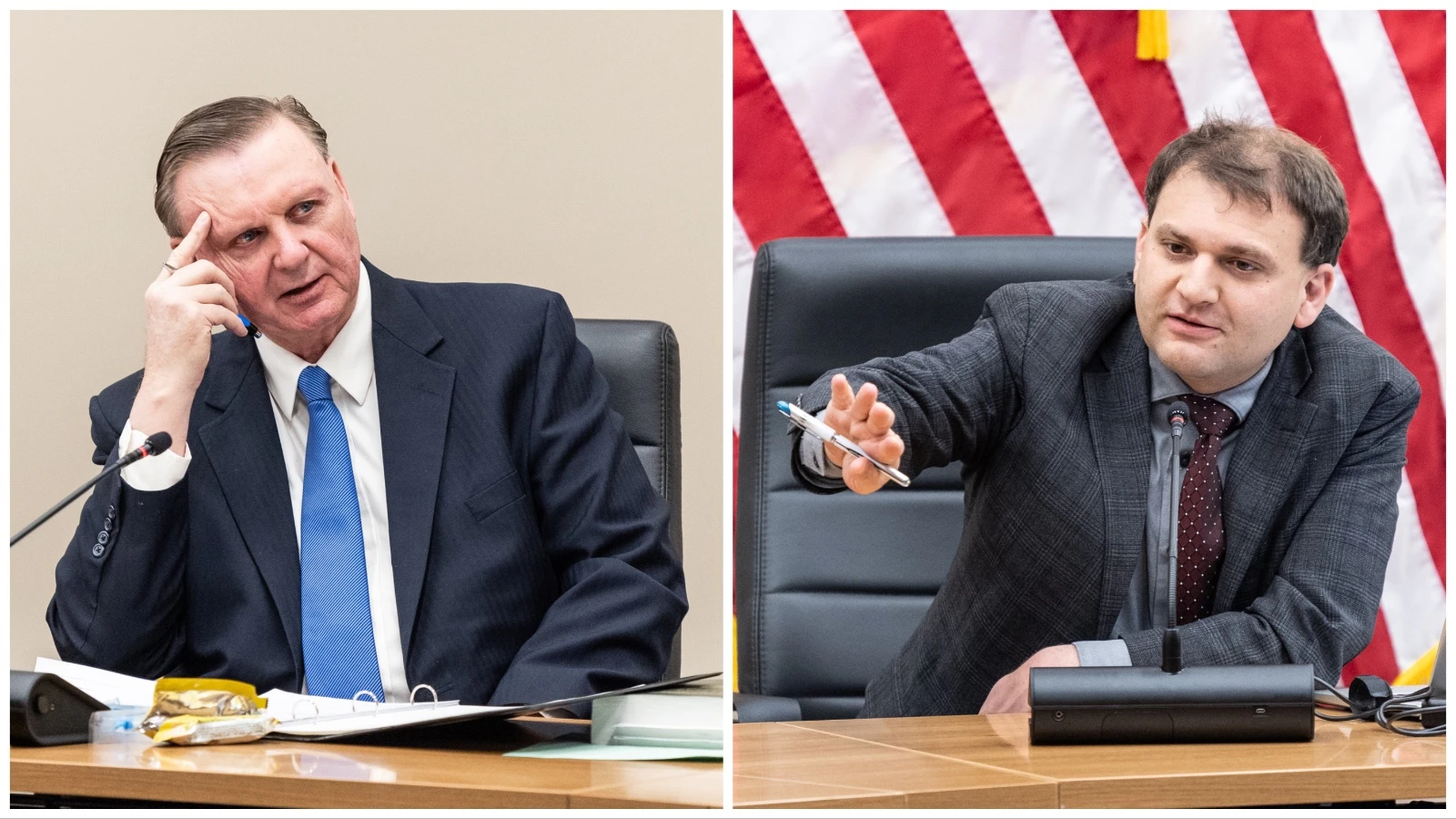 Wyoming Treasurer Curt Meier, left, says his office's policy on "woke investing" is no longer "agnostic." Secretary of State Chuck Gray agrees, and says he wants an even stronger state stance against ESG-motivated investing. They discussed the issue Thursday at a monthly State Loan and Investment Board meeting in Cheyenne.