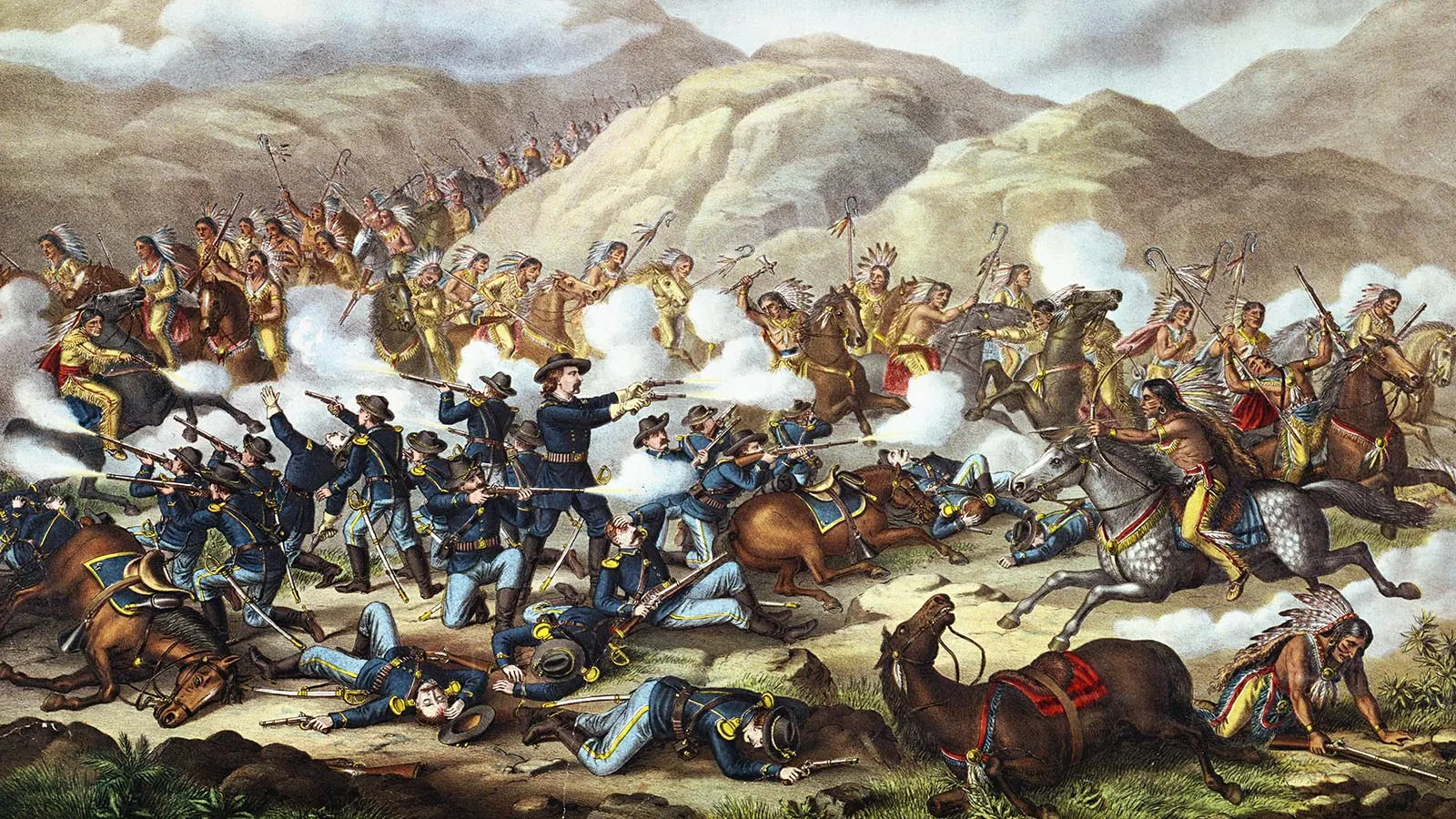 An egraving depicting Lt. Col. George Armstrong Custer's last stand at the Battle of The Little Bighorn in 1876.