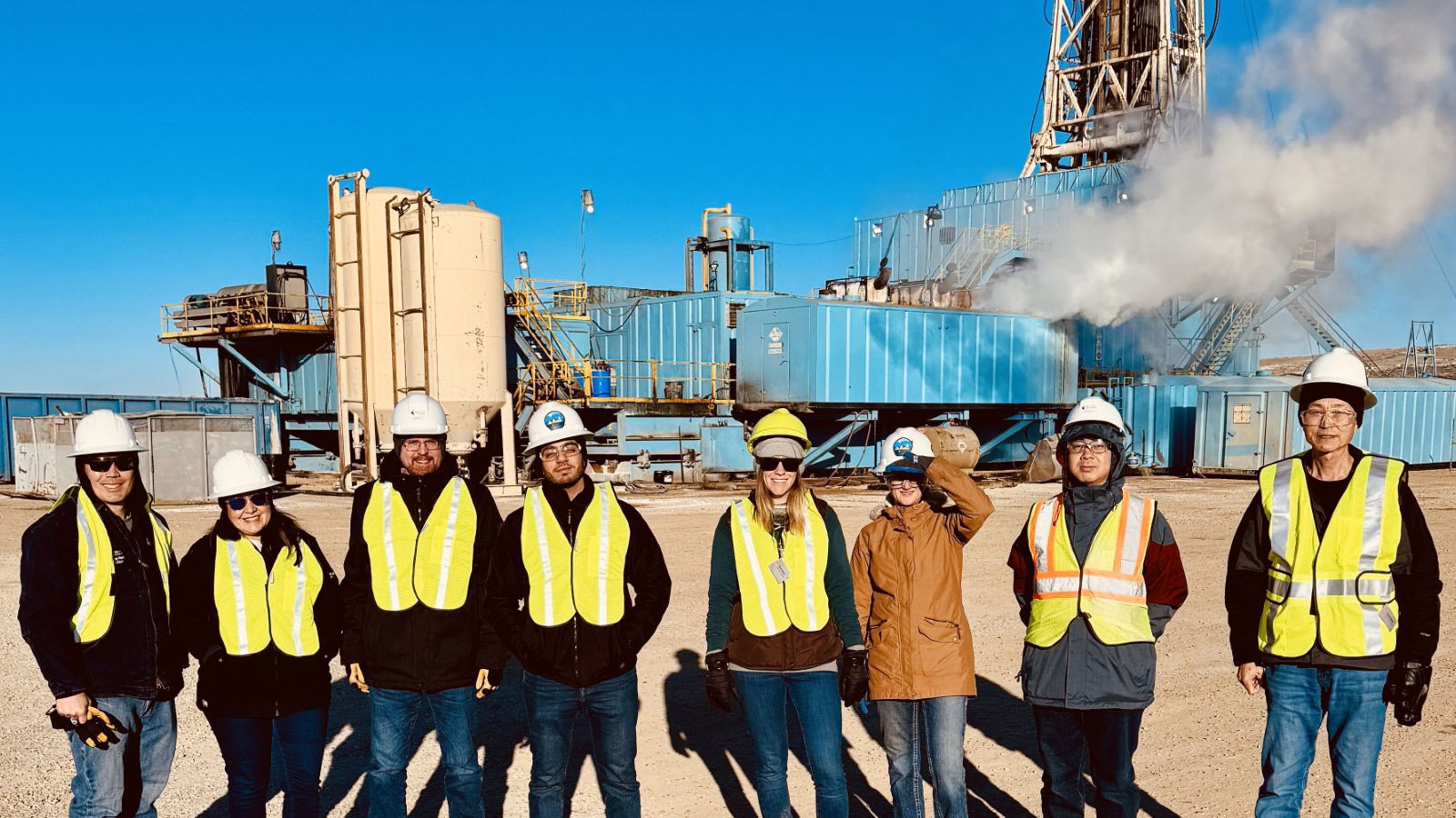 Visiting a Gillette-based Cyclone Drilling rig in Sweetwater County were Joe Nicholas and Alicia Summers of Frontier Carbon Solutions, and David Lucke, Abdeldjalil Latrach, Autumn Eakin, Lily Jackson, Tao Bai and Zunsheng Jiao of UW’s School of Energy Resources.