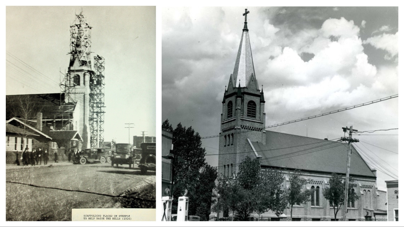 Parishioners of Sts. Cyril and Methodius Catholic Church in Rock Springs are fighting to save a century-old church now slated for closure and sale to fund a new parish campus. Abpve left, building the bell tower, seen completed at right.