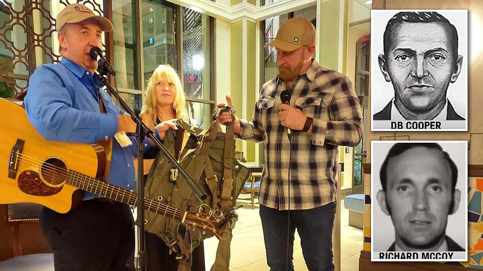 Richard McCoy III and Chanté McCoy talk about their father's parachute during a presentation with Dan Gryder at the DTSB Aviation Safety Summit in Orlando in January 2026.