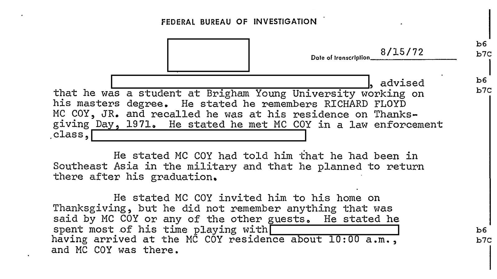 Witness statements from FBI case files that former agent Larry Carr says proves Richard McCoy II was not D.B. Cooper, including from an exchange student who claims to have been at the McCoy home in Provo, Utah, for Thanksgiving dinner.