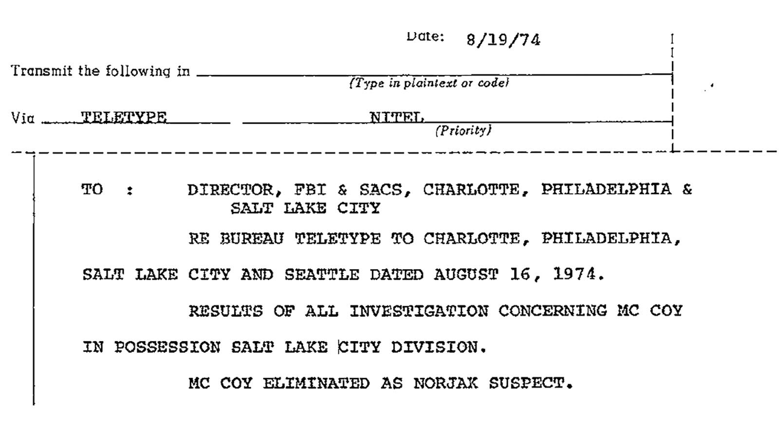 Internal FBI documentation shows the agency ruled Richard McCoy II out as a suspect in August 1974.