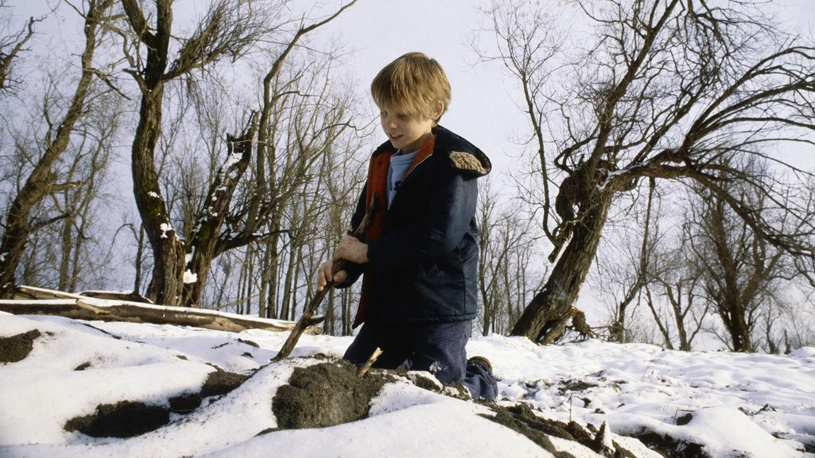 Brian Ingram, 8, demonstrates how he found ransom money from the legendary 1971 D.B. Cooper hijacking while camping with his family on the banks of the Columbia River in Washington state on Feb. 15, 1980. Ingram discovered $5,880 in deteriorating $20 bills that turned out to be part of the $200,000 ransom paid to hijacker D.B. Cooper in 1971.