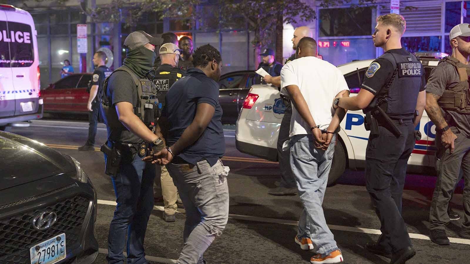 Members of the Federal Bureau of Investigation, Homeland Security Investigations, the Secret Service and Metropolitan Police Department detain five people on 7th Street NW on Aug. 17, 2025, in Washington, D.C. U.S. President Donald Trump deployed federal officers and the National Guard to the District in order to place the D.C. Metropolitan Police Department under federal control and assist in crime prevention in the nation's capital.